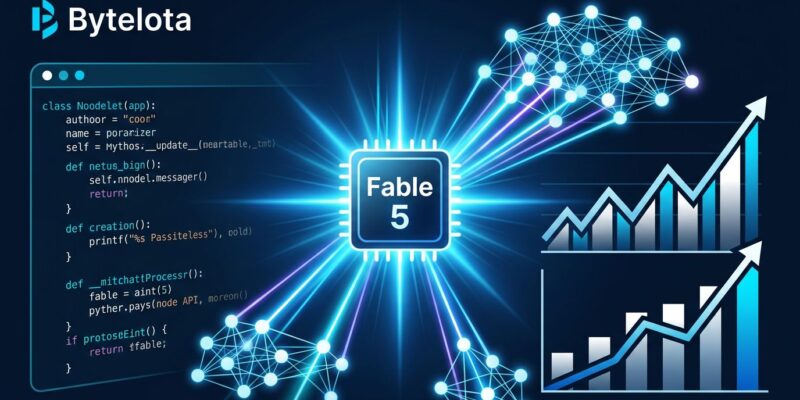 Claude Fable 5 API migration guide — neural network visualization with Python code snippets and benchmark graphs on dark blue background