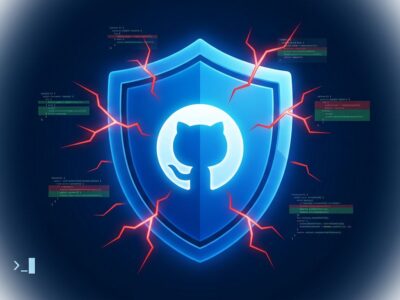 GitHub Copilot CLI security-review command illustration showing a shield with code diff fragments