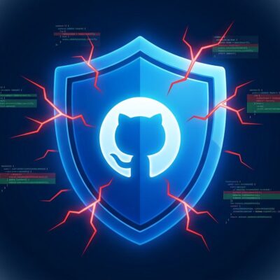 GitHub Copilot CLI security-review command illustration showing a shield with code diff fragments