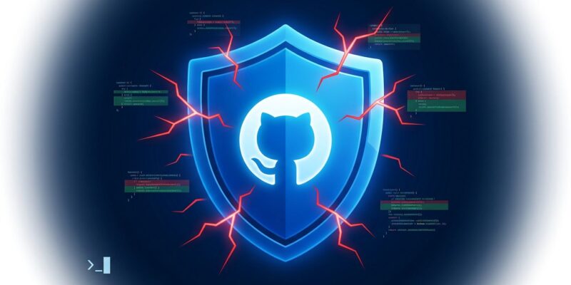 GitHub Copilot CLI security-review command illustration showing a shield with code diff fragments