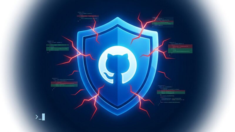 GitHub Copilot CLI security-review command illustration showing a shield with code diff fragments