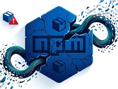 Cracked npm registry hexagon logo with malware worm emerging, representing the Miasma Red Hat supply chain attack