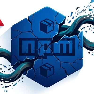 Cracked npm registry hexagon logo with malware worm emerging, representing the Miasma Red Hat supply chain attack