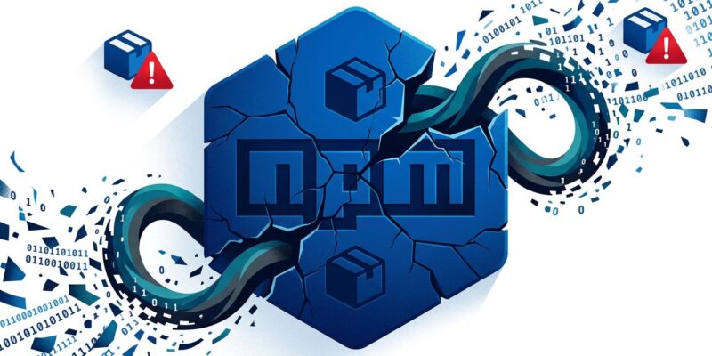 Cracked npm registry hexagon logo with malware worm emerging, representing the Miasma Red Hat supply chain attack