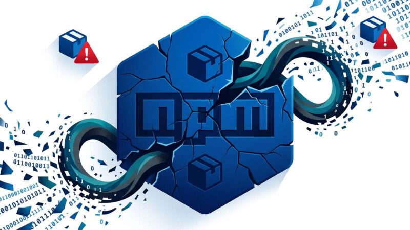 Cracked npm registry hexagon logo with malware worm emerging, representing the Miasma Red Hat supply chain attack