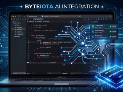 Xcode 27 IDE interface with AI agent connections and Apple Silicon neural network visualization in blue and white