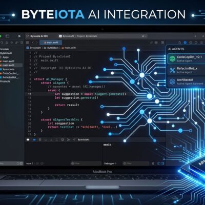 Xcode 27 IDE interface with AI agent connections and Apple Silicon neural network visualization in blue and white