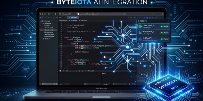 Xcode 27 IDE interface with AI agent connections and Apple Silicon neural network visualization in blue and white