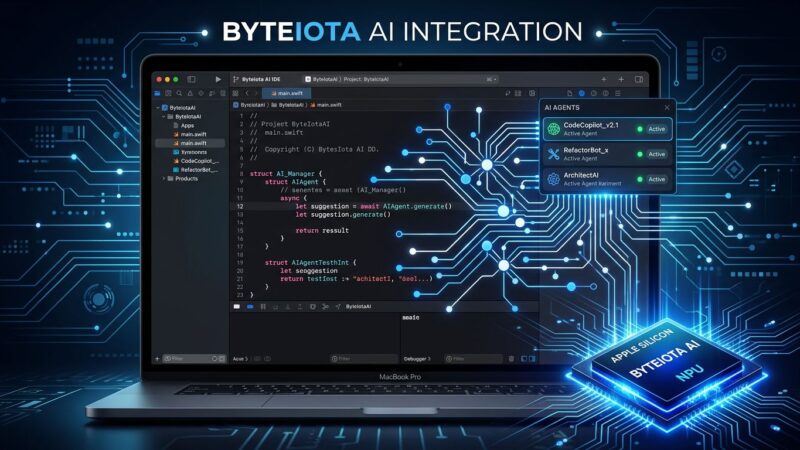 Xcode 27 IDE interface with AI agent connections and Apple Silicon neural network visualization in blue and white
