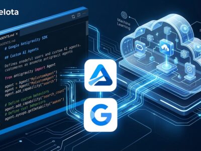 Google Antigravity SDK showing AGENTS.md code editor connected to a cloud sandbox environment with blue and white brand colors