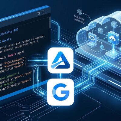 Google Antigravity SDK showing AGENTS.md code editor connected to a cloud sandbox environment with blue and white brand colors