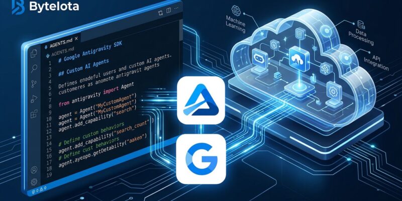 Google Antigravity SDK showing AGENTS.md code editor connected to a cloud sandbox environment with blue and white brand colors