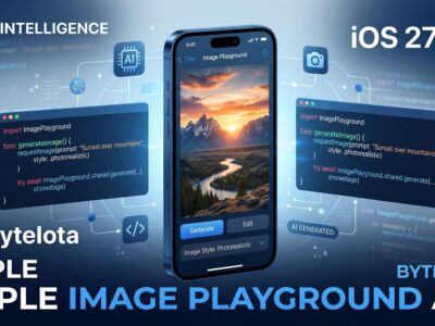 iPhone displaying a photorealistic AI-generated image alongside Swift code, representing the Apple Image Playground API in iOS 27