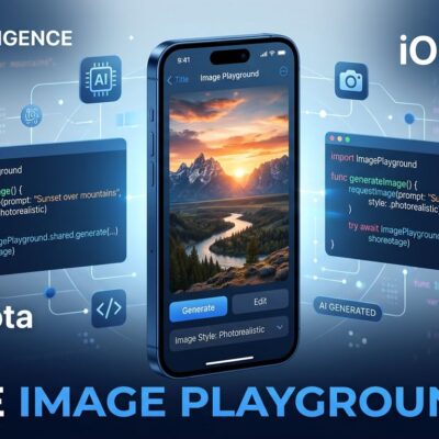 iPhone displaying a photorealistic AI-generated image alongside Swift code, representing the Apple Image Playground API in iOS 27