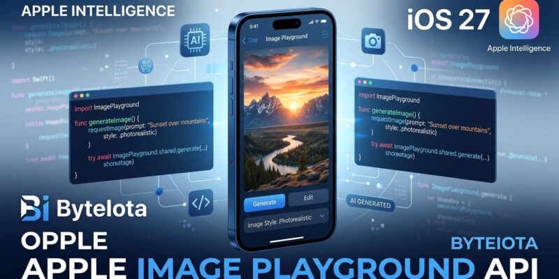 iPhone displaying a photorealistic AI-generated image alongside Swift code, representing the Apple Image Playground API in iOS 27