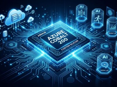 Azure Cobalt 200 ARM processor chip with cloud computing and AI agent sandbox icons on dark blue background