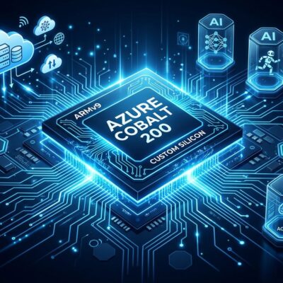 Azure Cobalt 200 ARM processor chip with cloud computing and AI agent sandbox icons on dark blue background
