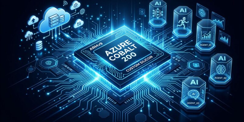 Azure Cobalt 200 ARM processor chip with cloud computing and AI agent sandbox icons on dark blue background