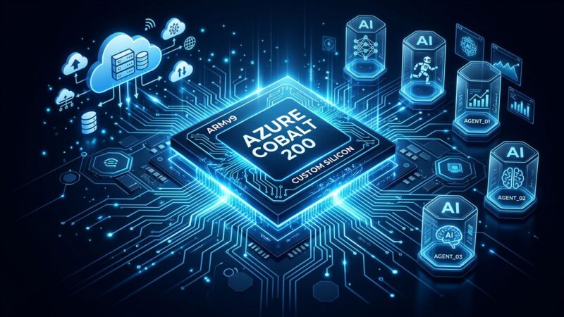 Azure Cobalt 200 ARM processor chip with cloud computing and AI agent sandbox icons on dark blue background