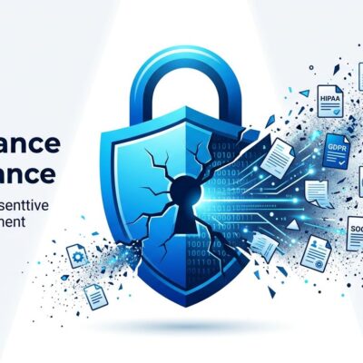 Conceptual illustration of a cracking padlock with enterprise compliance documents, representing the data retention policy change in Claude Fable 5