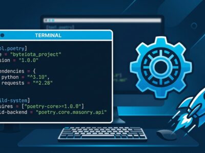Python pyproject.toml configuration with uv build backend, terminal and gear icons on dark blue background representing fast Python packaging