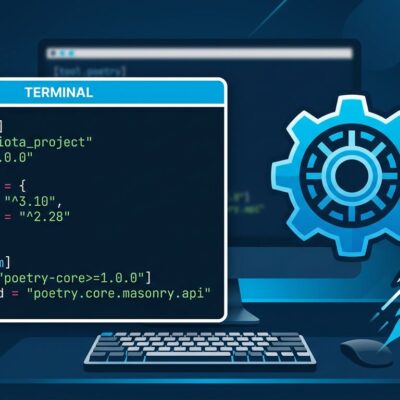 Python pyproject.toml configuration with uv build backend, terminal and gear icons on dark blue background representing fast Python packaging