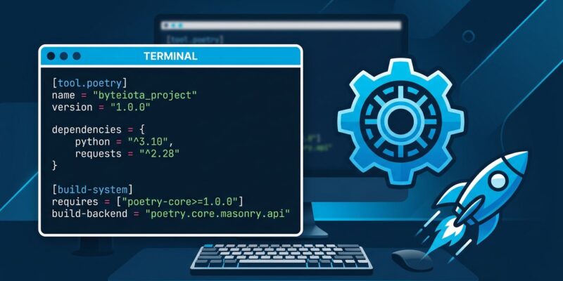 Python pyproject.toml configuration with uv build backend, terminal and gear icons on dark blue background representing fast Python packaging