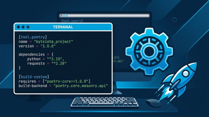 Python pyproject.toml configuration with uv build backend, terminal and gear icons on dark blue background representing fast Python packaging