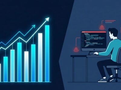 Bar chart and developer terminal showing AI adoption at 84% with trust collapse indicators - Stack Overflow Developer Survey 2026