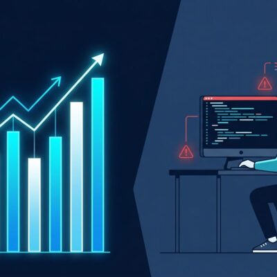 Bar chart and developer terminal showing AI adoption at 84% with trust collapse indicators - Stack Overflow Developer Survey 2026