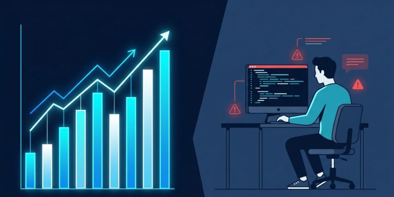 Bar chart and developer terminal showing AI adoption at 84% with trust collapse indicators - Stack Overflow Developer Survey 2026