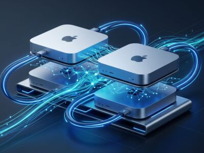 Apple Silicon Mac mini cluster connected by Thunderbolt 5 cables with neural network data streams visualized in blue light, representing MLX distributed training with JACCL
