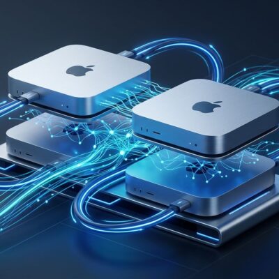 Apple Silicon Mac mini cluster connected by Thunderbolt 5 cables with neural network data streams visualized in blue light, representing MLX distributed training with JACCL