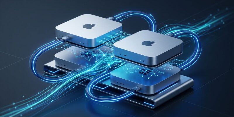 Apple Silicon Mac mini cluster connected by Thunderbolt 5 cables with neural network data streams visualized in blue light, representing MLX distributed training with JACCL