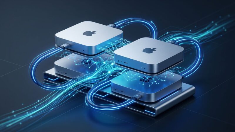 Apple Silicon Mac mini cluster connected by Thunderbolt 5 cables with neural network data streams visualized in blue light, representing MLX distributed training with JACCL