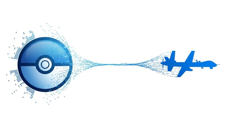 Conceptual illustration showing Pokémon Go player scan data flowing to military drone navigation system