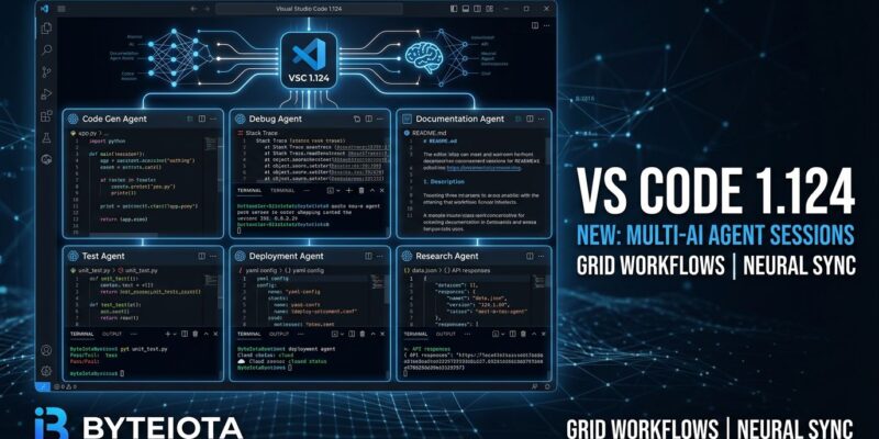 VS Code 1.124 showing multiple AI agent session panels with Advanced Autopilot and background sessions