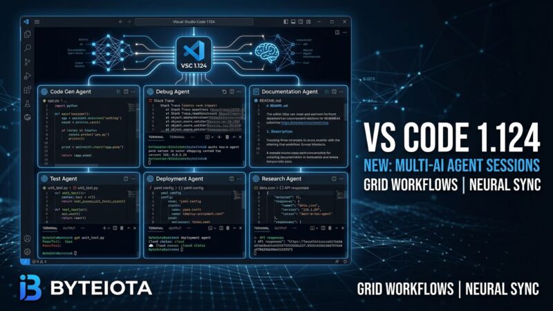 VS Code 1.124 showing multiple AI agent session panels with Advanced Autopilot and background sessions