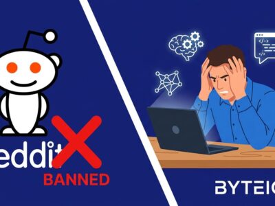 Split screen showing Reddit logo with banned overlay and developer surrounded by AI icons, illustrating developer fatigue with LLM content