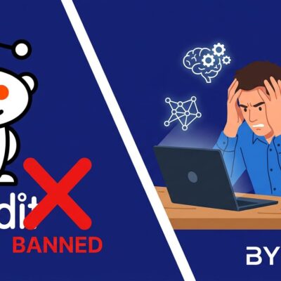Split screen showing Reddit logo with banned overlay and developer surrounded by AI icons, illustrating developer fatigue with LLM content