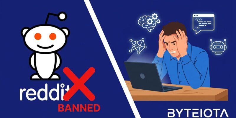 Split screen showing Reddit logo with banned overlay and developer surrounded by AI icons, illustrating developer fatigue with LLM content