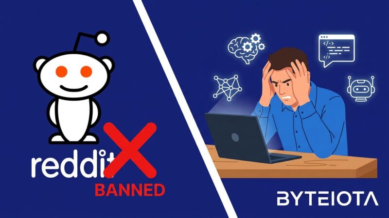 Split screen showing Reddit logo with banned overlay and developer surrounded by AI icons, illustrating developer fatigue with LLM content