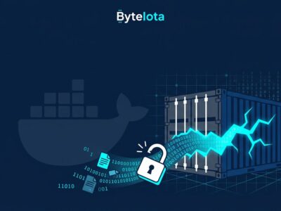 Illustration of container escape vulnerability with broken container and code streams on dark blue background