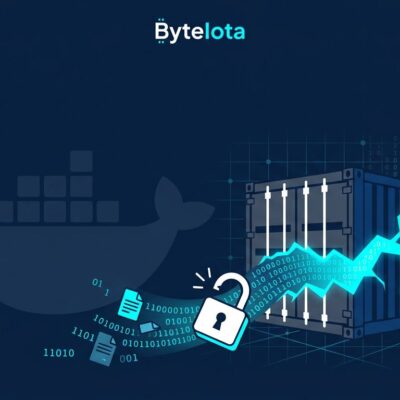 Illustration of container escape vulnerability with broken container and code streams on dark blue background