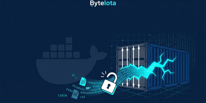 Illustration of container escape vulnerability with broken container and code streams on dark blue background