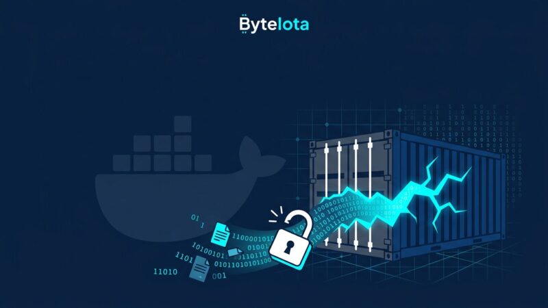 Illustration of container escape vulnerability with broken container and code streams on dark blue background