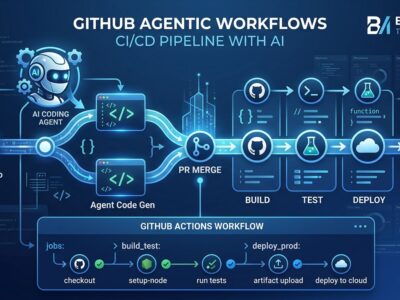 GitHub Agentic Workflows diagram showing CI/CD pipeline with AI coding agent, Markdown workflow compilation to Actions YAML, blue and white abstract developer tools design
