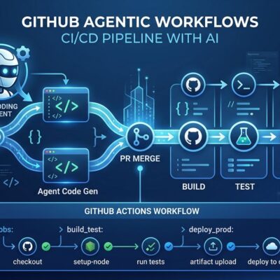 GitHub Agentic Workflows diagram showing CI/CD pipeline with AI coding agent, Markdown workflow compilation to Actions YAML, blue and white abstract developer tools design