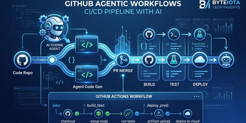 GitHub Agentic Workflows diagram showing CI/CD pipeline with AI coding agent, Markdown workflow compilation to Actions YAML, blue and white abstract developer tools design