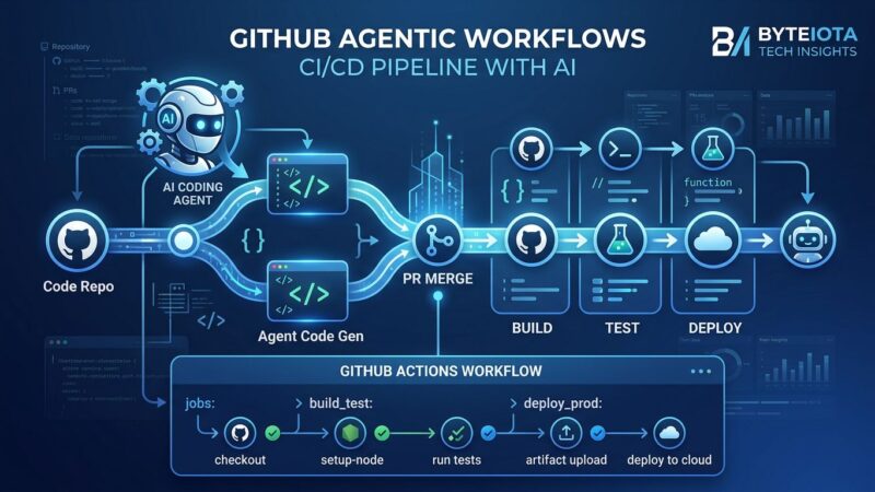 GitHub Agentic Workflows diagram showing CI/CD pipeline with AI coding agent, Markdown workflow compilation to Actions YAML, blue and white abstract developer tools design